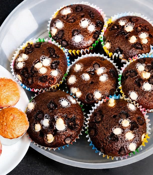 Chocolate cupcakes loaded with dark and white chocolate chips
