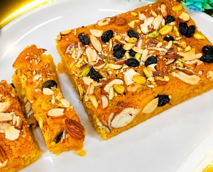 Eggless mango suji semolina cake topped with almonds, pistachios and raisins