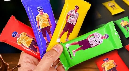 Personalised photo chocolates with custom wrappers in red, green, yellow and purple