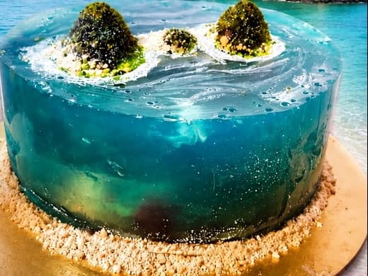 3D island jelly cake with edible ocean, beach and palm islands by Nidhi Creative Kitchen